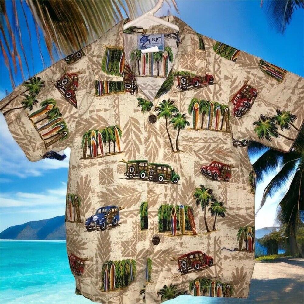 RJC Toddler Boys Hawaiian Shirt Aloha 4T Surfboards Beach‎ Palm Trees Tan Cars